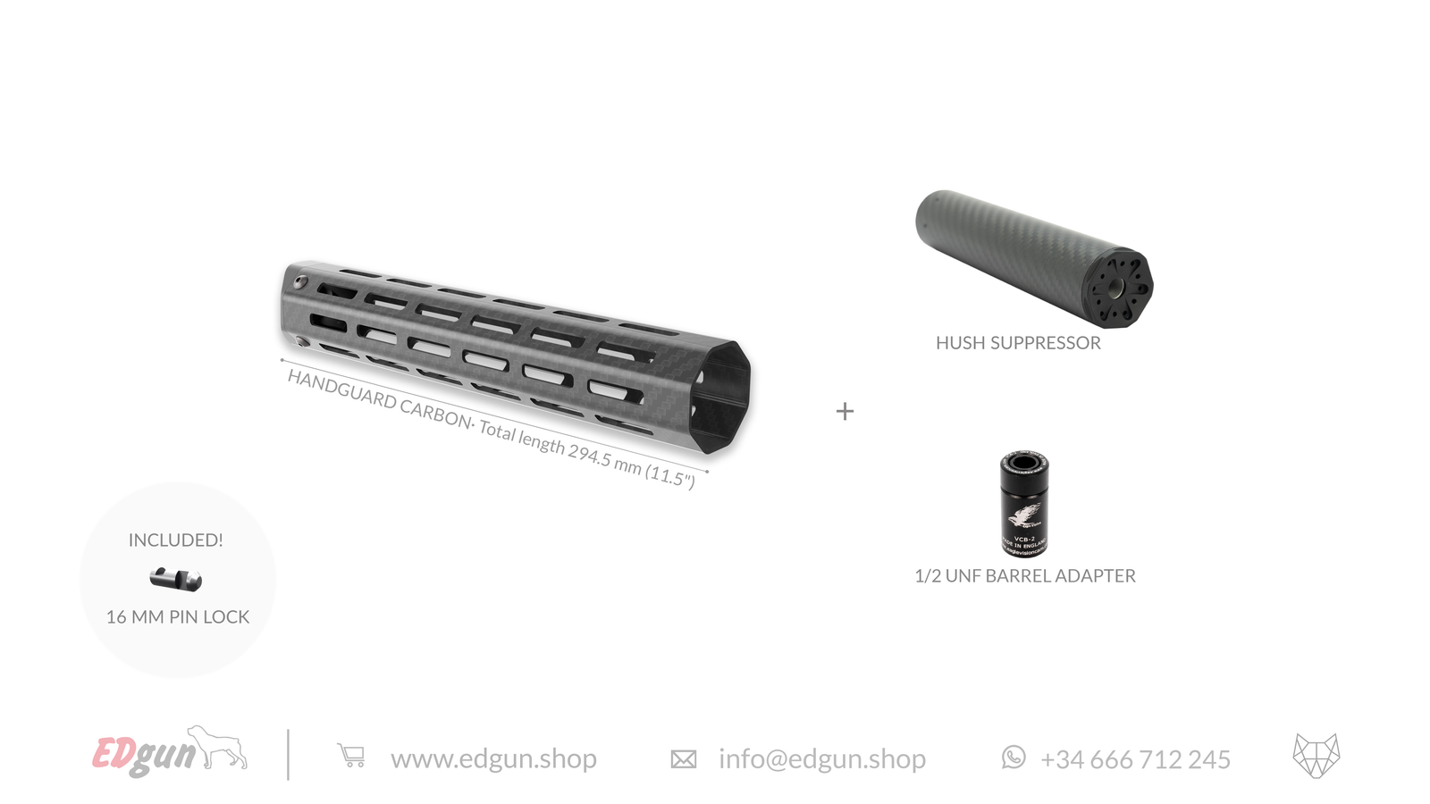Carbon Fiber Handguard with hush supressor, 1/2 unf barrel adapter and pin lock