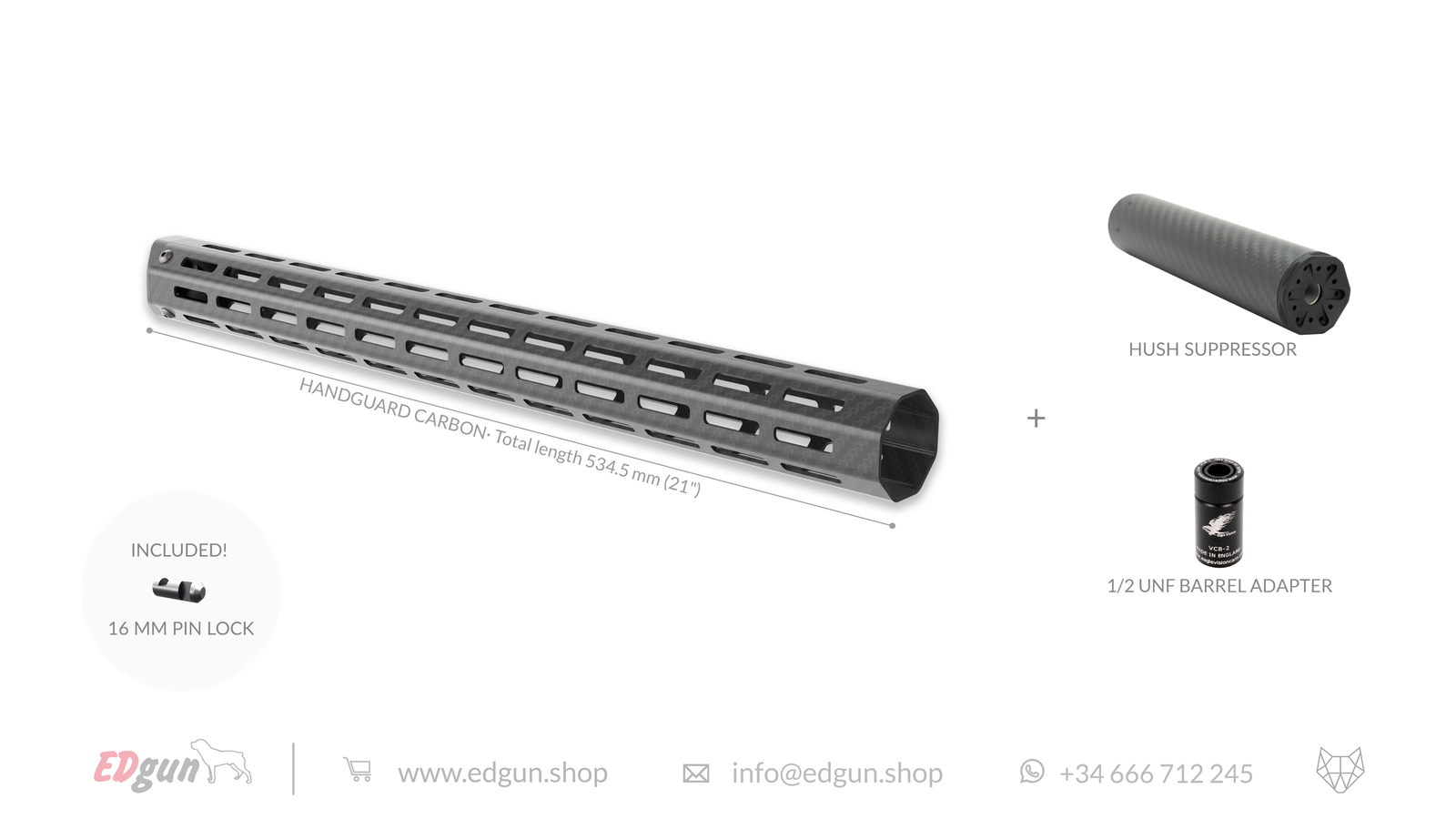 Carbon Fiber Handguard with hush supressor, 1/2 unf barrel adapter and pin lock